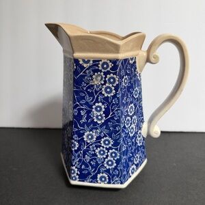 Antique English Calico Blue and White Floral Pitcher 8”